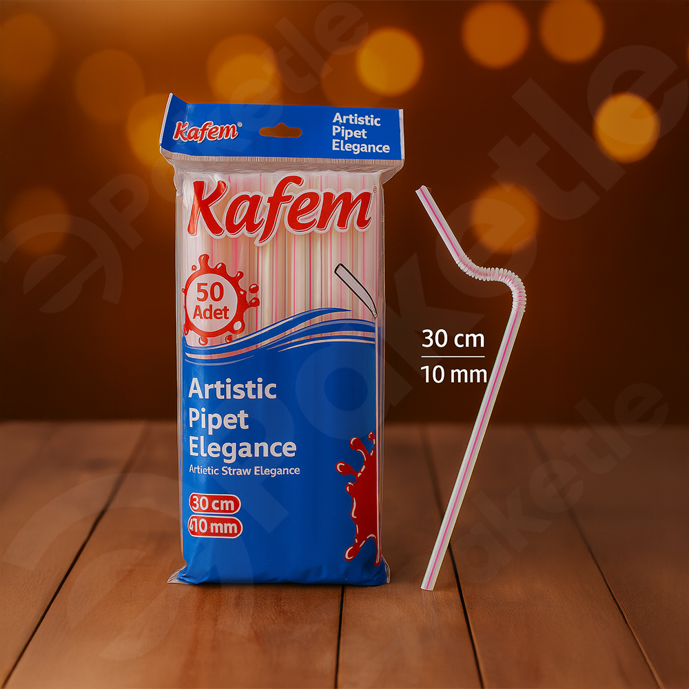 Kafem şeffaf artistik pipet – körüklü – 30 cm – 10 mm – 50 adet – koli 1.000 adet