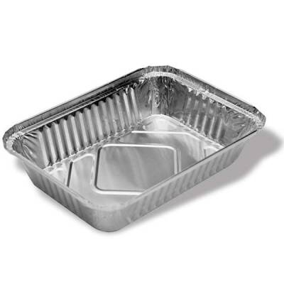 Dikdörtgen alüminyum paket servis kase, 950 cc, 18x11,6 cm taban, 21,8x15,5 cm ağız, 4 cm yüksekliğinde, +350°C fırın dayanımlı, 1000 gr.