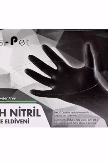 Siyah nitril muayene eldiveni, pudrasız, medium (M) beden, tek kullanımlık ve gıdaya uygun.