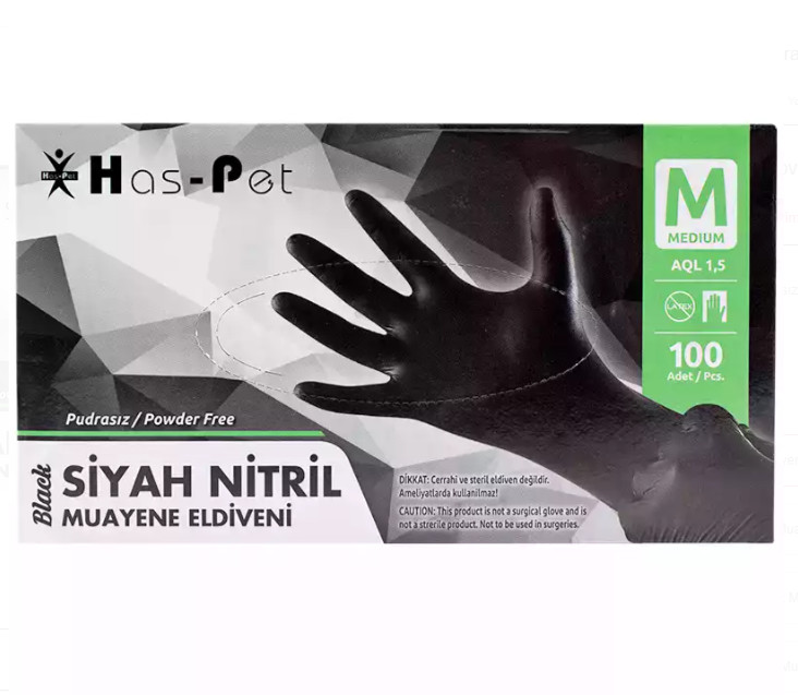 Siyah nitril muayene eldiveni, pudrasız, medium (M) beden, tek kullanımlık ve gıdaya uygun.