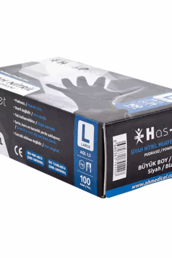 Siyah nitril muayene eldiveni, pudrasız, large (L) beden, tek kullanımlık ve gıdaya uygun.