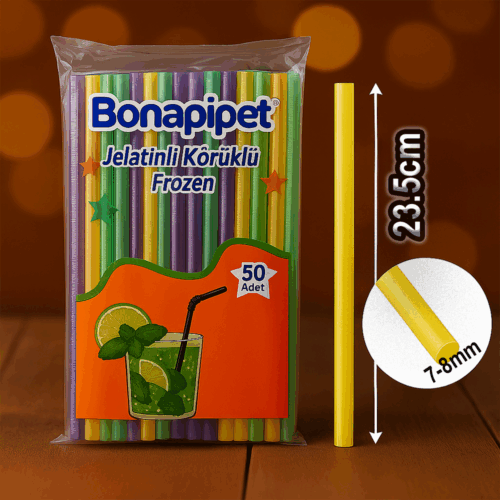 Bonapipet frozen pipet – 23,5-24 cm uzunluk – 7-8 mm dış çap – jelatinli – körüklü – 50’li karışık renk paket – koli 5.000 adet