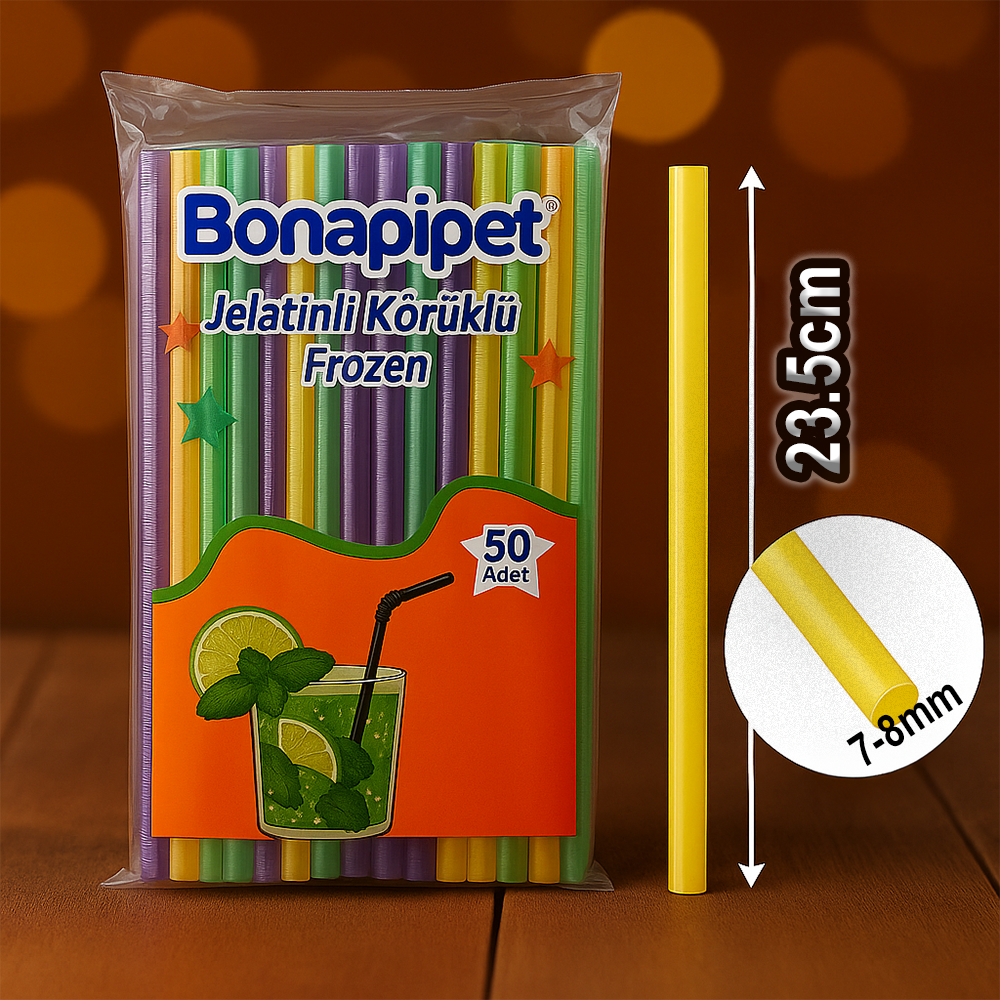 Bonapipet frozen pipet – 23,5-24 cm uzunluk – 7-8 mm dış çap – jelatinli – körüklü – 50’li karışık renk paket – koli 5.000 adet