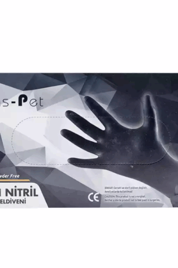 Siyah nitril pudrasız muayene eldiveni, XL beden, 50 adet pakette.