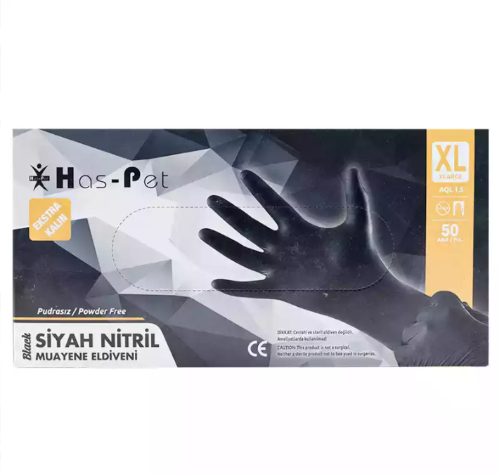 Siyah nitril pudrasız muayene eldiveni, XL beden, 50 adet pakette.