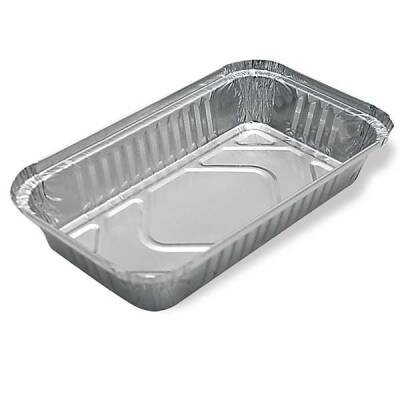 750 gr alüminyum kap, 21,9 x 12,7 cm ölçülerinde, 3,3 cm derinliğinde, fırına dayanıklı, tek kullanımlık gıda kabı.