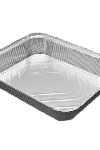 2500 gr alüminyum kap, 31,5 x 21,5 cm ölçülerinde, fırına dayanıklı, geniş hacimli tek kullanımlık gıda kabı.
