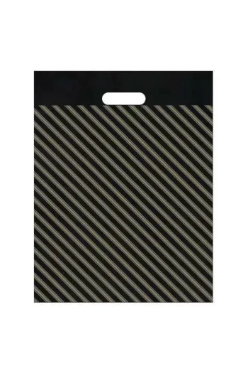 Arma Kimpack takviyeli diyagonal poşet, dayanıklı siyah zemin üzerine altın yaldız çizgi baskılı, çeşitli ebatlarda dayanıklı ambalaj poşeti