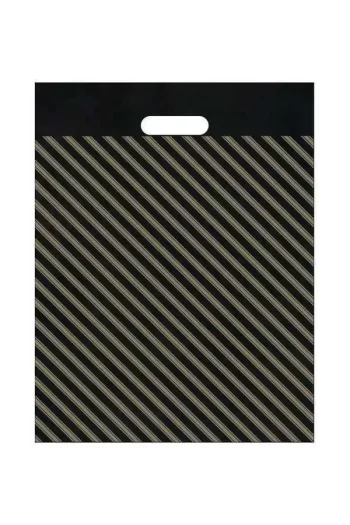 Arma Kimpack takviyeli diyagonal poşet, dayanıklı siyah zemin üzerine altın yaldız çizgi baskılı, çeşitli ebatlarda dayanıklı ambalaj poşeti