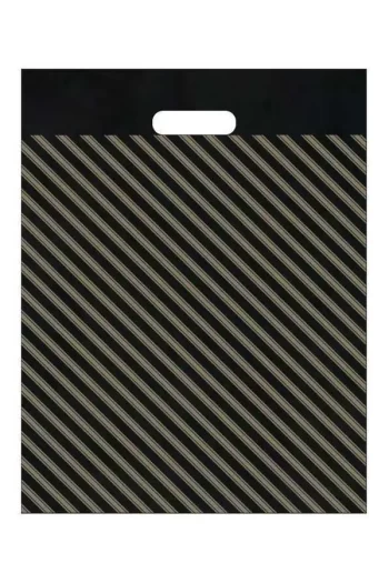 Arma Kimpack takviyeli diyagonal poşet, dayanıklı siyah zemin üzerine altın yaldız çizgi baskılı, çeşitli ebatlarda dayanıklı ambalaj poşeti