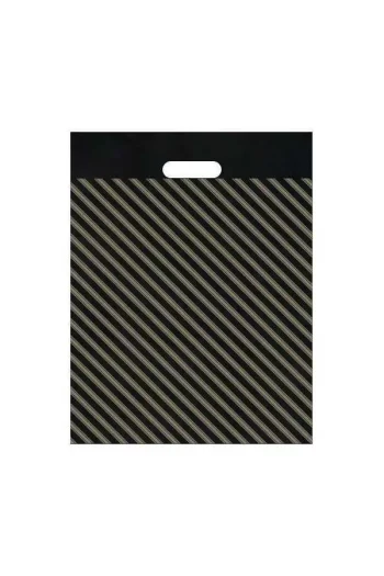 Arma Kimpack takviyeli diyagonal poşet, dayanıklı siyah zemin üzerine altın yaldız çizgi baskılı, çeşitli ebatlarda dayanıklı ambalaj poşeti