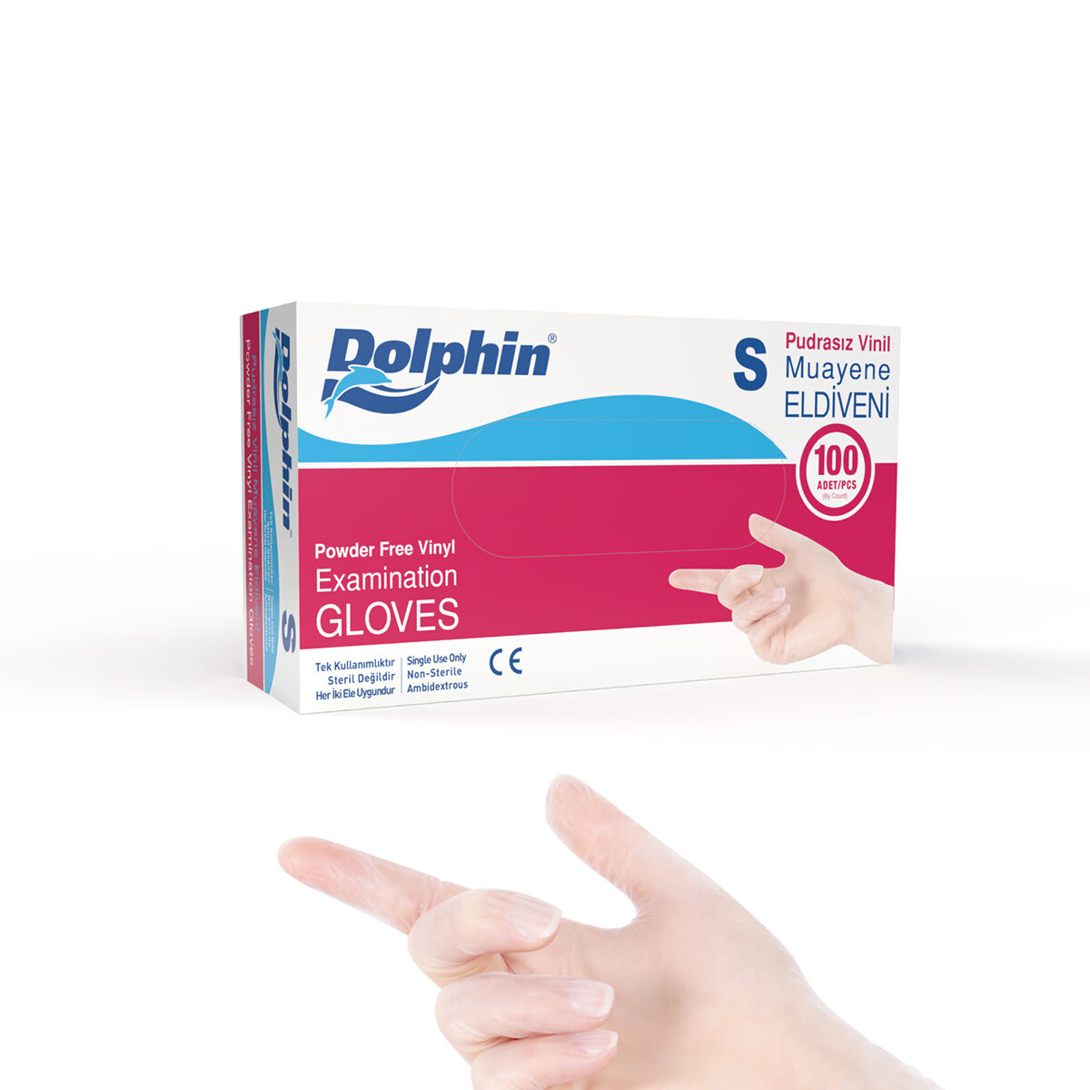 Dolphin Pudrasız Beyaz Vinil Eldiven Small (S) beden, 100’lü paket, lateks içermeyen koruyucu eldiven