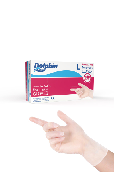 Dolphin Pudrasız Beyaz Vinil Eldiven Small (S) beden, 100’lü paket, lateks içermeyen koruyucu eldiven