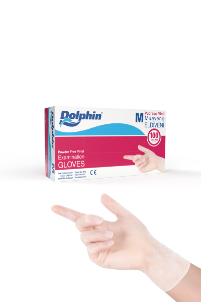 Dolphin Pudrasız Beyaz Vinil Eldiven Small (S) beden, 100’lü paket, lateks içermeyen koruyucu eldiven