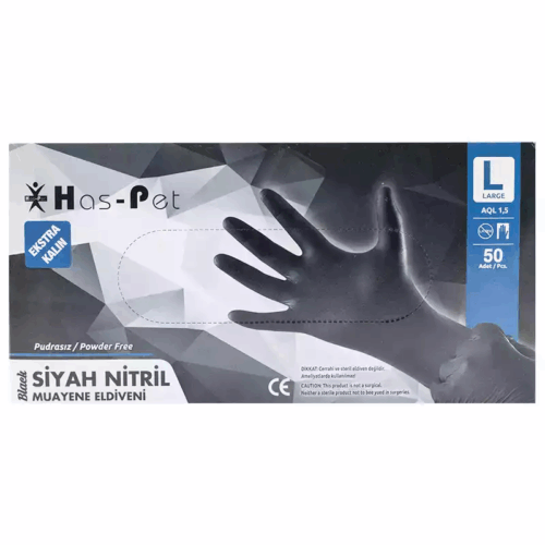 Extra Kalın Siyah Nitril Muayene Eldiveni Large Beden - Pudrasız, Dayanıklı ve Kimyasal Dirençli 50’li Paket