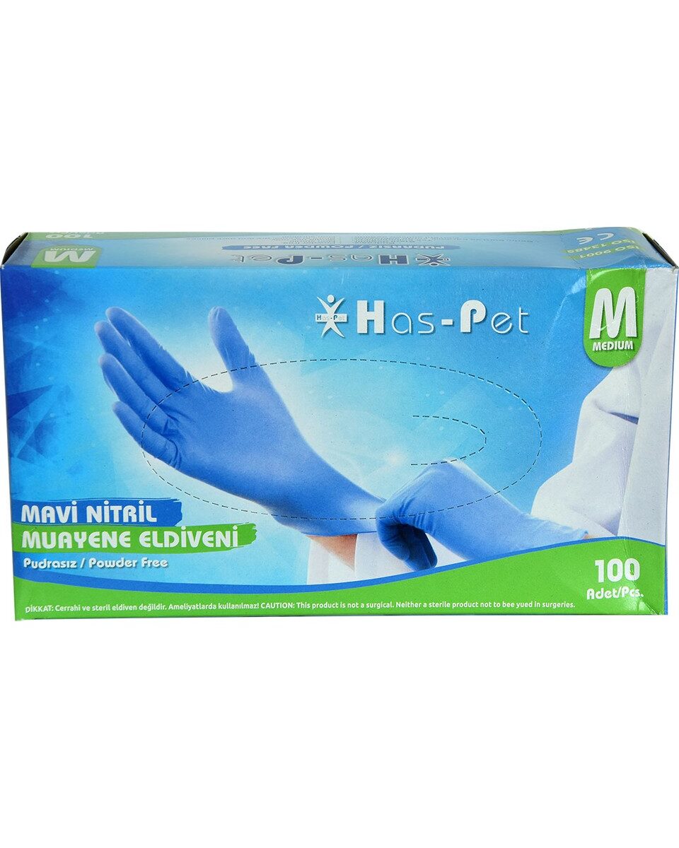 Haspet Mavi Nitril Muayene Eldiveni Medium Beden 100’lü Pudrasız