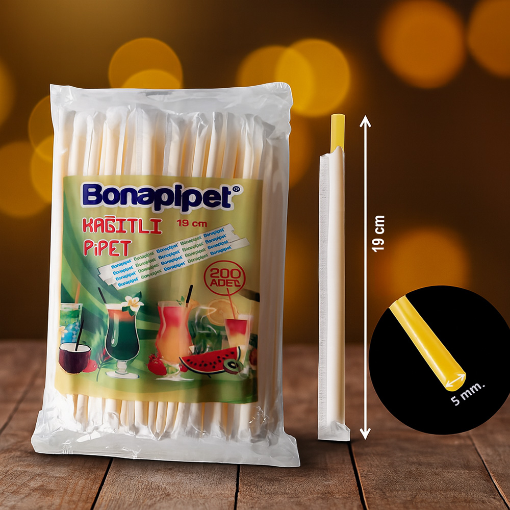 200 adetlik kağıt ambalajlı 19 cm pipet – koli 5.000 adet – hijyenik ve gıda uyumlu