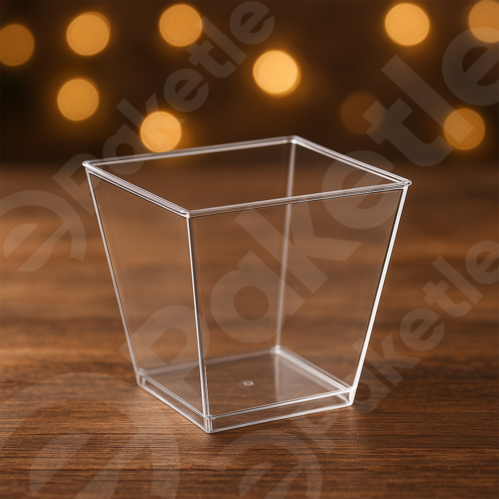 Plastik Prizma Kap – 200 cc – 7×7×6,5 cm – Kare Tabanlı Şeffaf Mika Kase