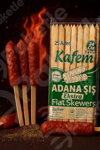 Adana tipi çöp şiş – 24 cm uzunluk – ekstra dayanıklı – 25’li paket – 100 paketlik koli – toplam 2.500 adet – kebap ve mangal sunumu için ideal