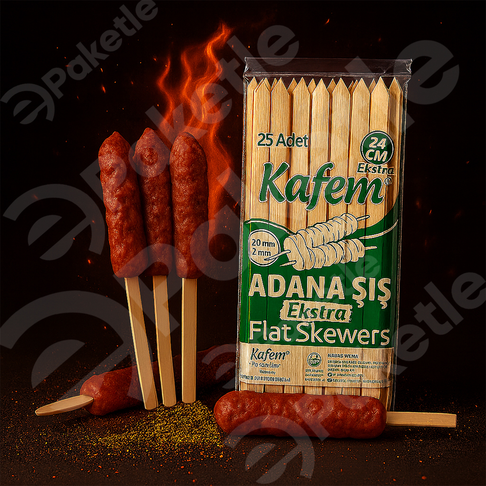 Adana tipi çöp şiş – 24 cm uzunluk – ekstra dayanıklı – 25’li paket – 100 paketlik koli – toplam 2.500 adet – kebap ve mangal sunumu için ideal