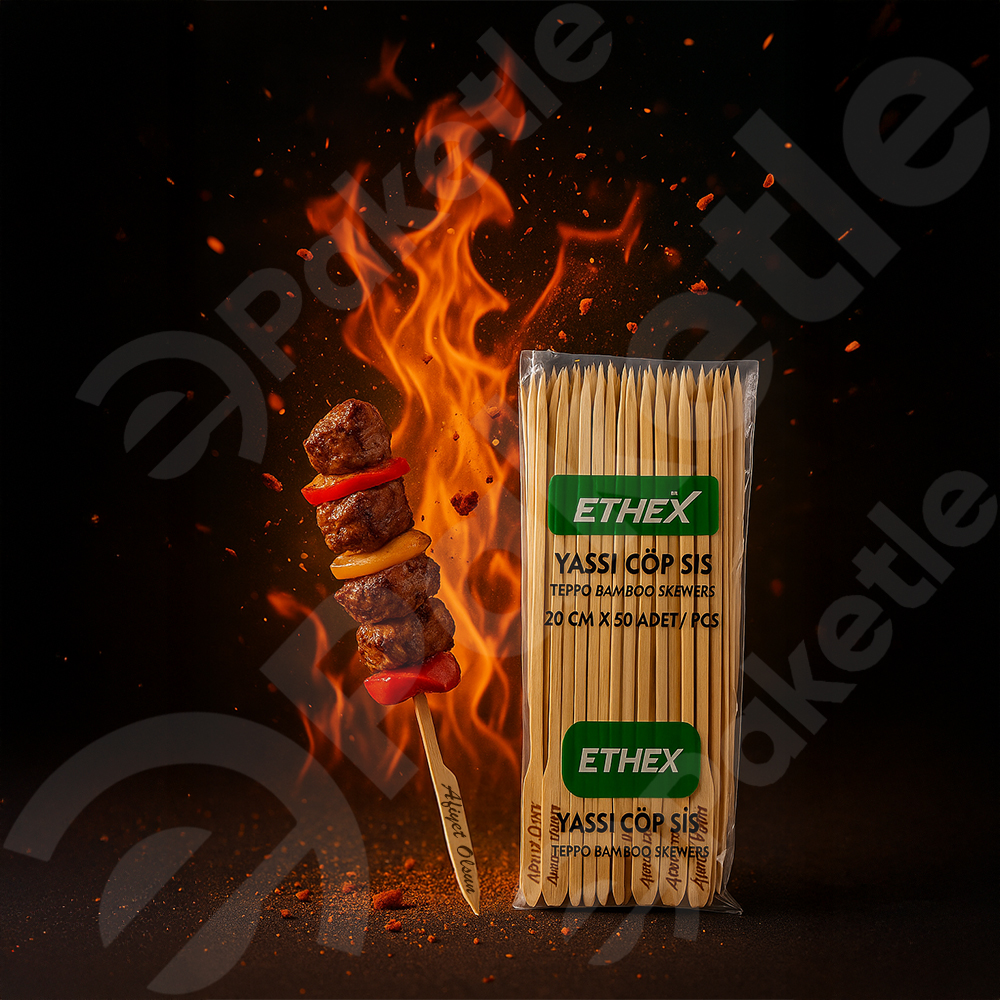 Ethex bambu yassı çöp şiş – 20 cm uzunluk – 50’li doğal bambu şiş paketi – 50 paketlik koli – toplam 2.500 adet – çevre dostu ve hijyenik