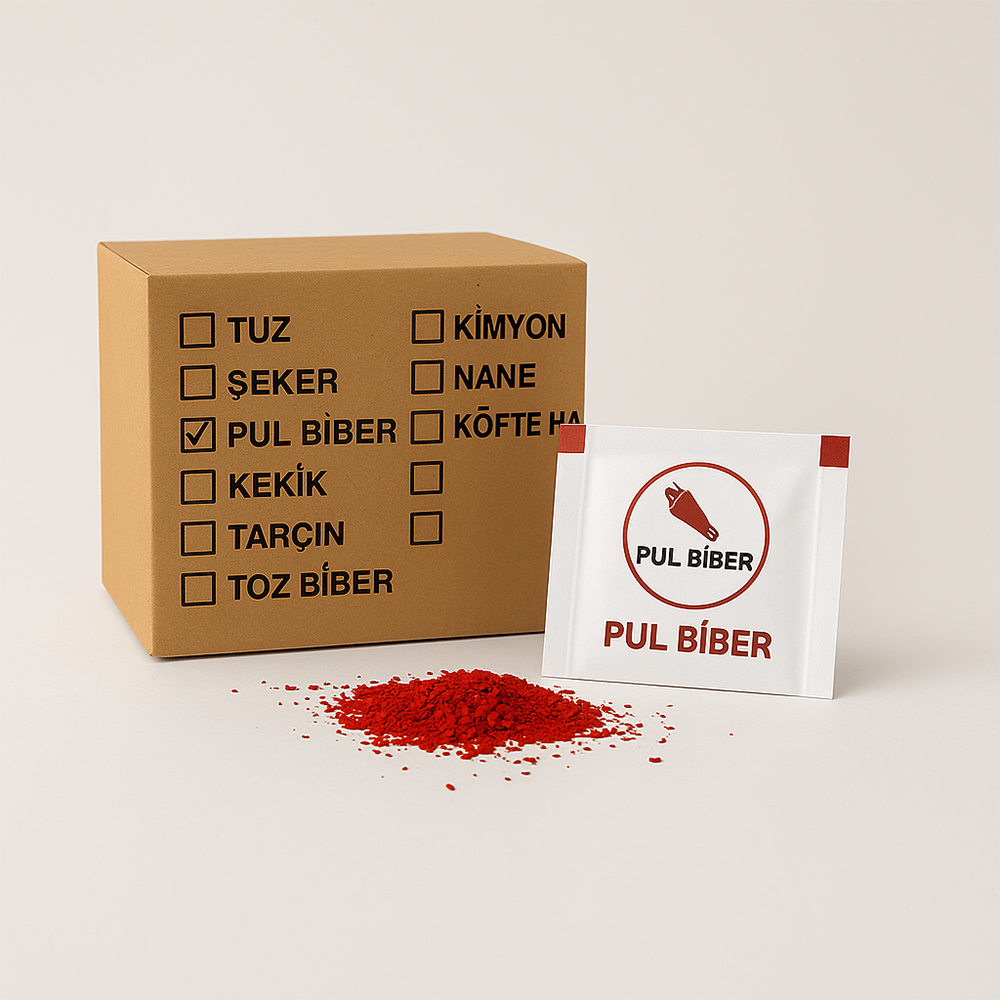 Stick Pul Biber – 5x5 cm Kare Tek Kullanımlık Baharat – 1 gr – 1000’li Koli
