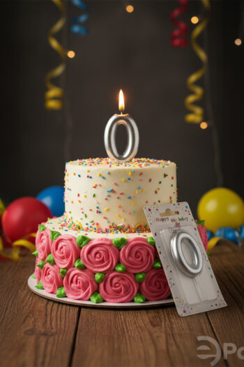 Gümüş renkli 0 rakamlı doğum günü mumu, metalik pasta mumu