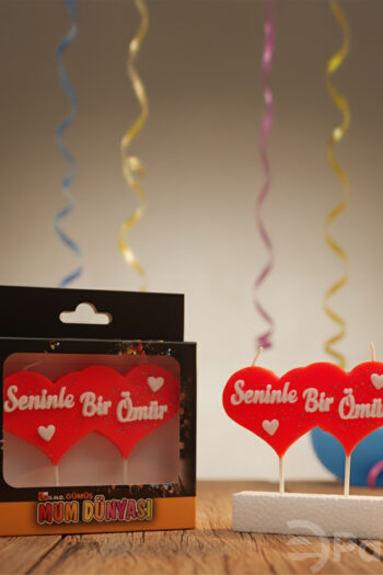 Seninle Bir Ömür yazılı kalpli kırmızı pasta mumu