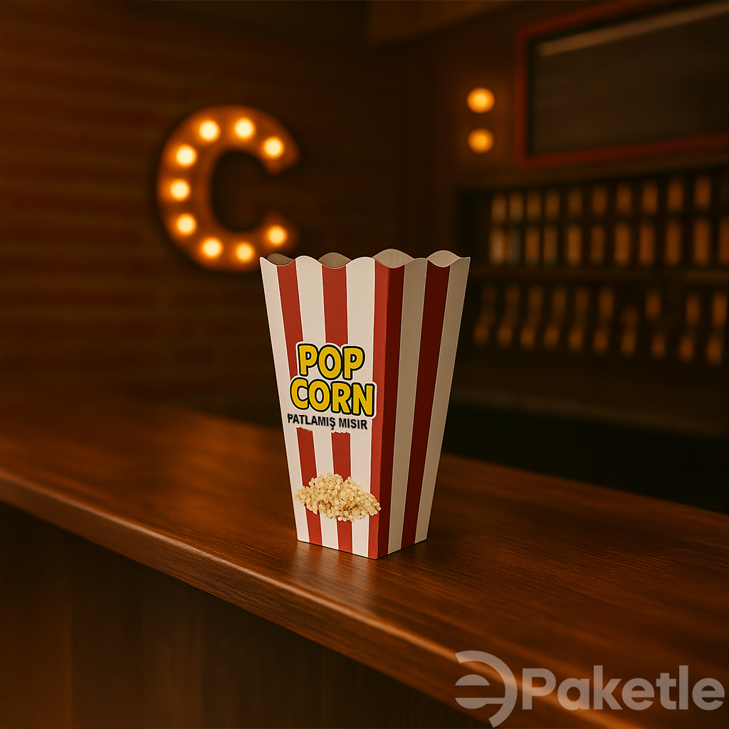 Patlamış Mısır Kutusu – 100’lü Karton Tek Kullanımlık Popcorn Kutusu (Büyük Boy 19,5 cm)