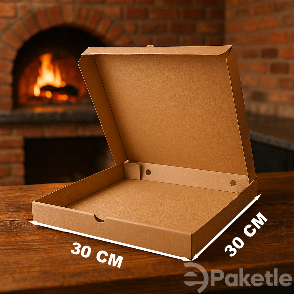 Orta Boy Pizza Kutusu 30x30x4 cm – 100’lü Karton Tek Kullanımlık Pizza Servis Kutusu