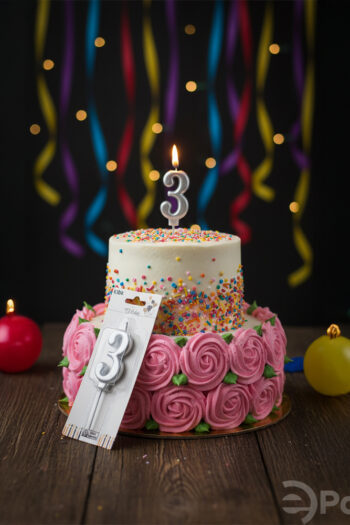 Gümüş renkli 3 rakamlı doğum günü mumu, metalik pasta mumu