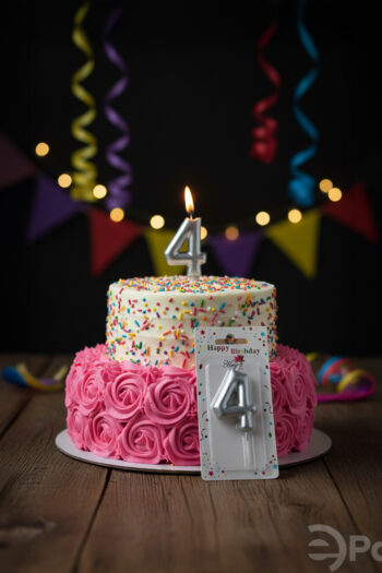 Gümüş renkli 4 rakamlı doğum günü mumu, metalik pasta mumu