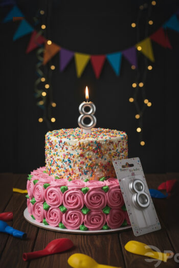 Gümüş renkli 8 rakamlı doğum günü mumu, metalik pasta mumu