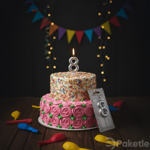 Gümüş renkli 8 rakamlı doğum günü mumu, metalik pasta mumu