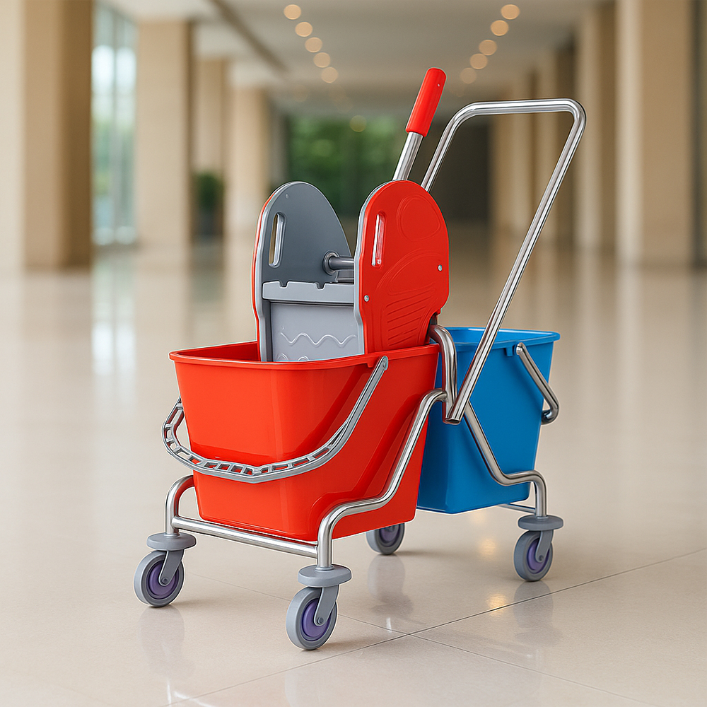 Metal (Krom) Gövde Temizlik Arabası Çift Kovalı (Çelik Presli)